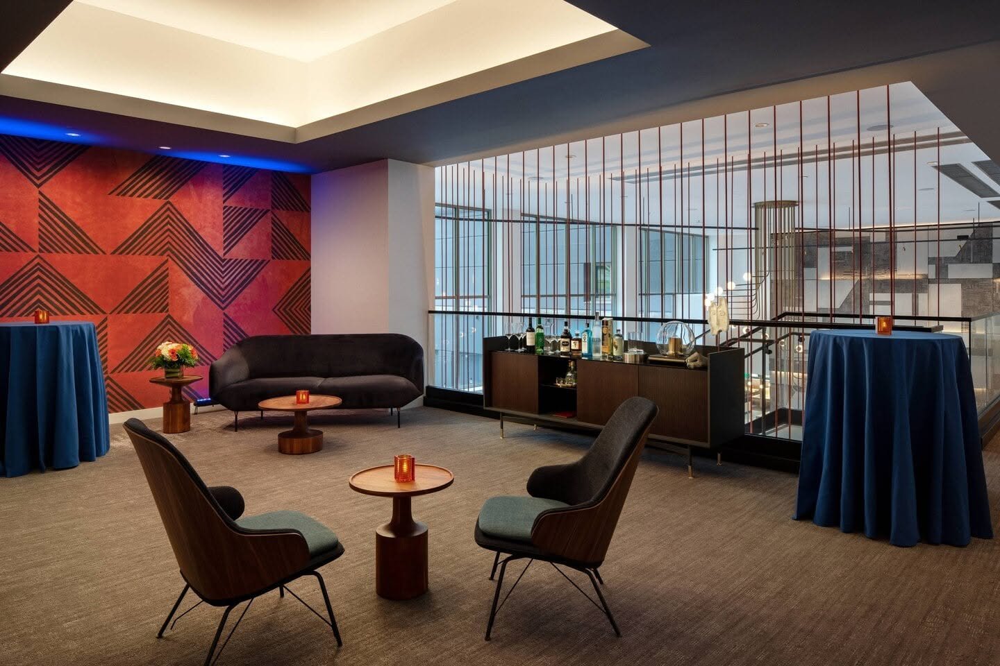 Finished commercial lounge with custom electrical and lighting by Silver Creek Electric